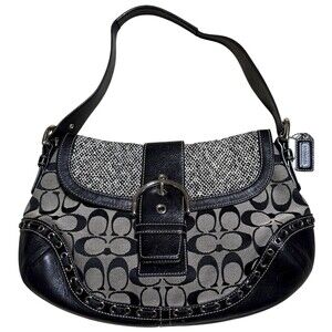 Vintage Y2K Coach Soho Hobo Bag Signature C Black Leather Tweed Buckle‎ Flap